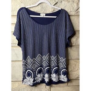 Siren Lily Womens 2X Navy Blue Striped Floral Geometric Border Print Top ST1521X